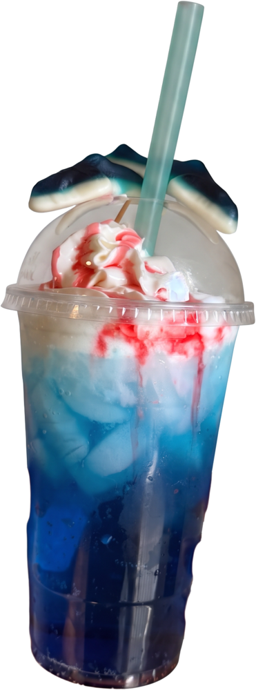 Layered blue soda with whipped cream, syrup and blue gummy candies