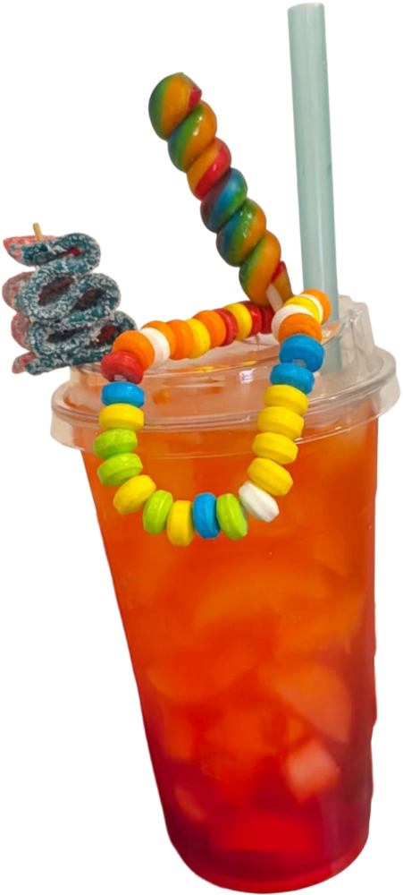 Orange and red soda decorated with a rainbow candy necklace and sour belts