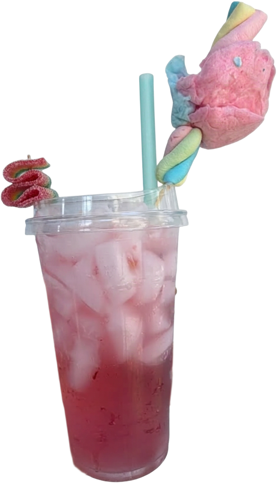 Pink soda over ice topped with cotton candy and sour rainbow candy