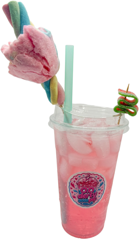 Pink soda in branded cup with cotton candy topping