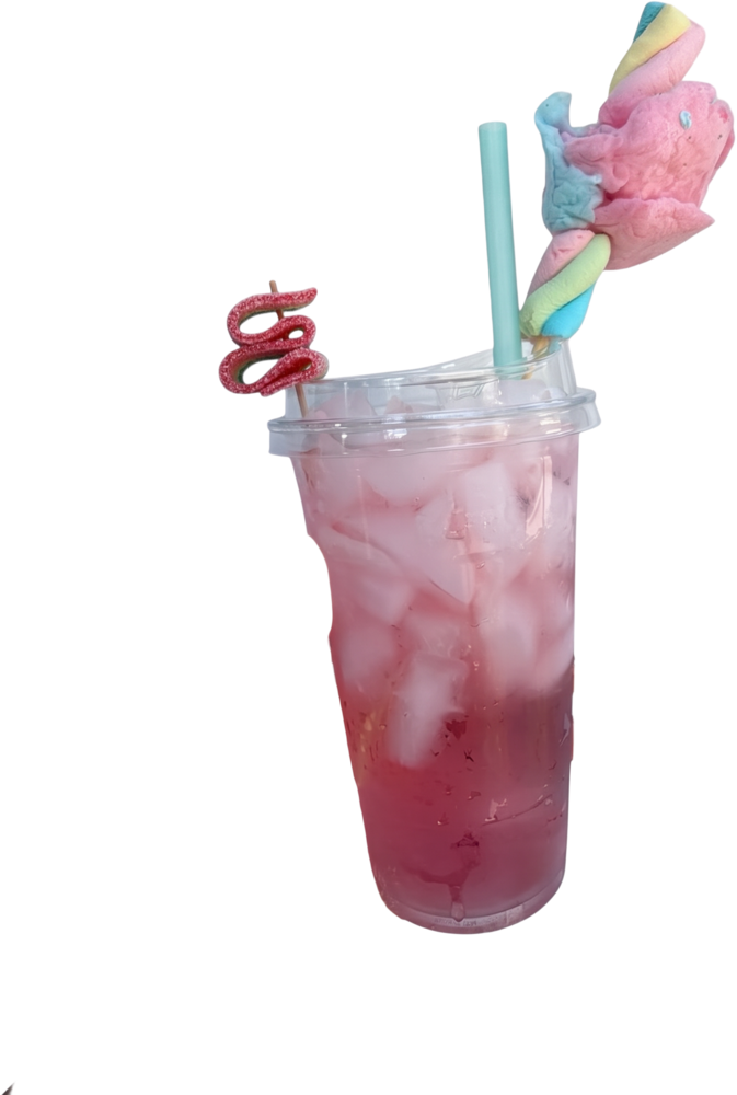 Iced pink soda finished with cotton candy and gummy candy skewers