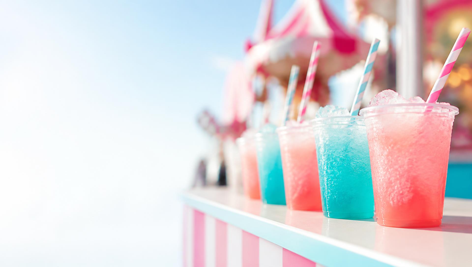 Colorful pink and turquoise iced sodas lined up on a drink stand counter