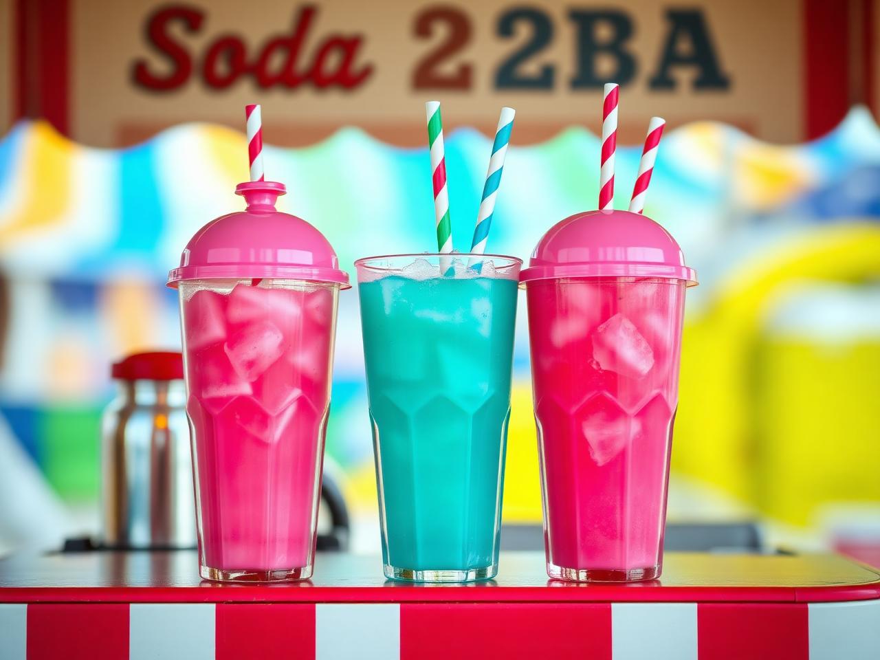 Pink and turquoise fizzy sodas with striped straws served at a colorful fair drink stand